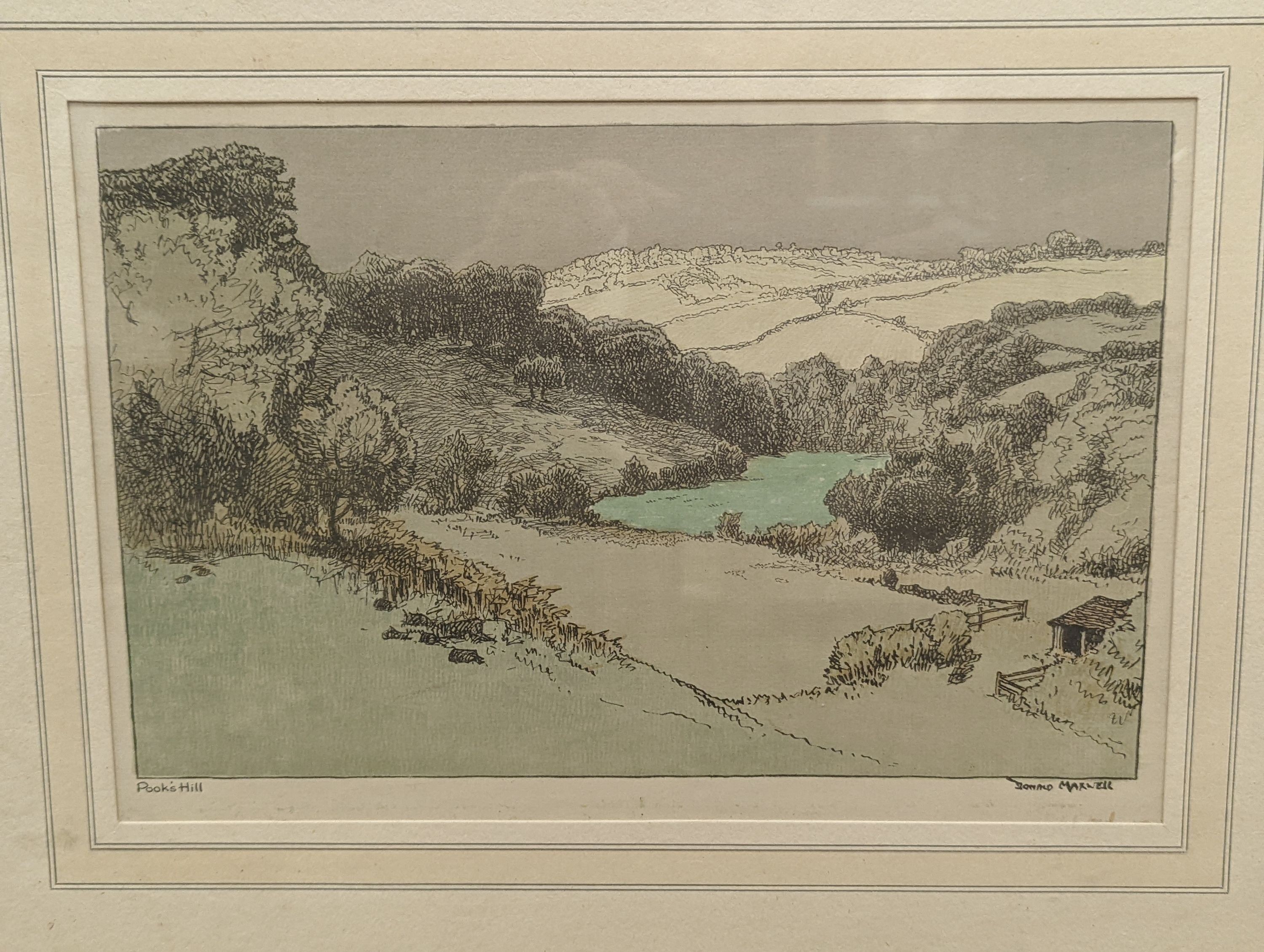 Donald Maxwell (1877-1936), etching, Sail barges off the coast, signed in pencil, 15 x 21cm and a etching and aquatint, Pooks Hill, 20 x 30cm